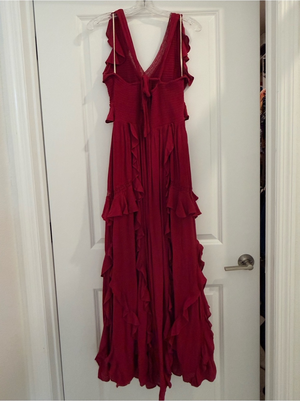 Free People Crimson Red Ruffle V-Neck Maxi Dress